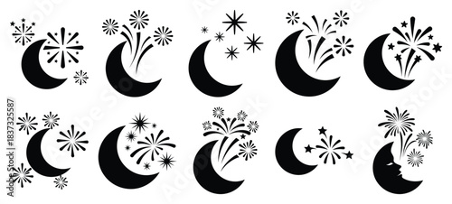 Black and white moon and fireworks vector icon set and New Year 2026 holiday concept set