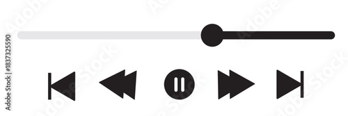 Music or video play bar icon. Modern UI Design Element for Music App Design with Pause, Play, Skip, Favorite, Queue Buttons. Music or video play bar icon on black .