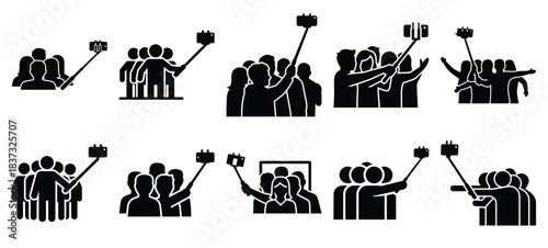Black and white selfie stick group vector icon set and New Year 2026 holiday concept set