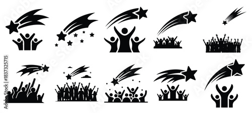 Black and white shooting star celebration vector icon set and New Year 2026 holiday concept set