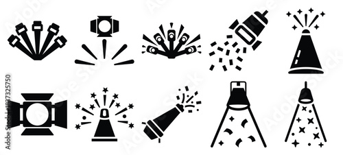 Black and white stage light celebration vector icon set and New Year 2026 holiday concept set