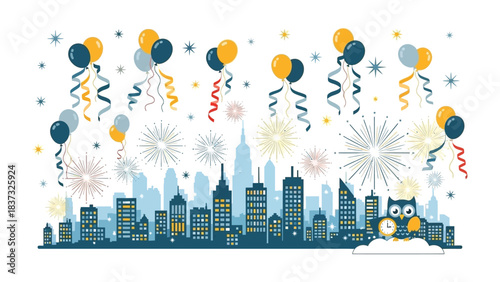 Cityscape Celebration: A whimsical skyline illustration features floating balloons, cascading streamers, and vibrant fireworks, creating a celebratory atmosphere.