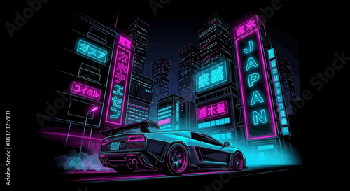 A sleek sports car with glowing neon lights cruises through futuristic city street, vibrant cyberpunk atmosphere with tall buildings