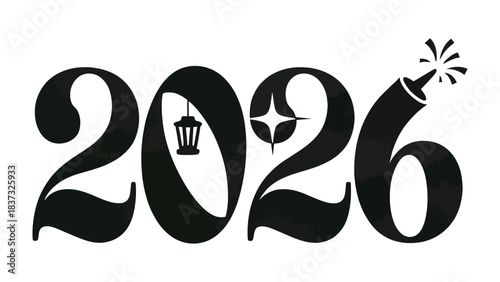 New Year 2026: A bold, stylized design for the upcoming year 2026, incorporating festive elements of a lantern, a burst of light, and a playful firework to symbolize new beginnings and celebrations.