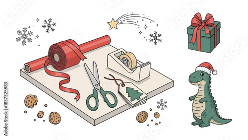 Holiday Prep: A festive assortment of Christmas elements arranged in a cheerful display, including a wrapped present with bow, snowflakes, ribbons, ornaments and cookies. 