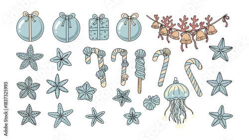 Underwater Christmas Celebration: A collection of festive underwater-themed decorations, including gifts, bells, starfish, and candy canes, evokes a cheerful aquatic holiday. 