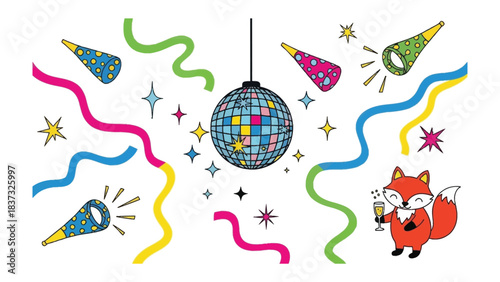 Party fox illustration: A festive illustration of a charming fox holding a champagne glass amidst a party setting featuring a disco ball, star, trumpet and ribbon. Evoking celebration and joy.