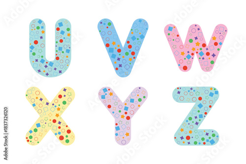 Alphabet letters u v w x y z with colorful confetti isolated on white background