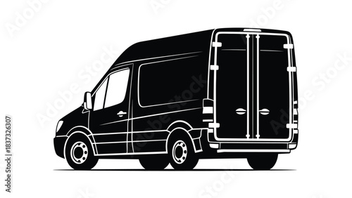 Black and white illustration of a commercial van side view simple design