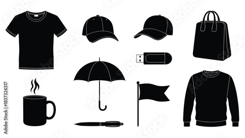 Black silhouette icons displaying apparel accessories and everyday objects