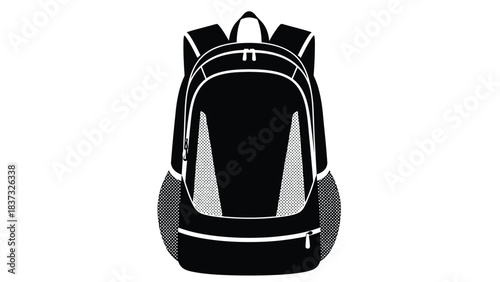 A black and white illustration of a modern sleek backpack design
