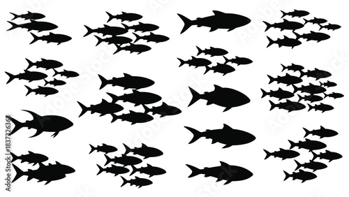 A school of black silhouette fish swimming in a patterned arrangement