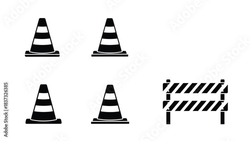 Black and white illustration of traffic cones and a road barrier