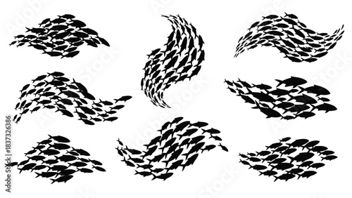 Abstract formations of a large school of fish in monochrome style