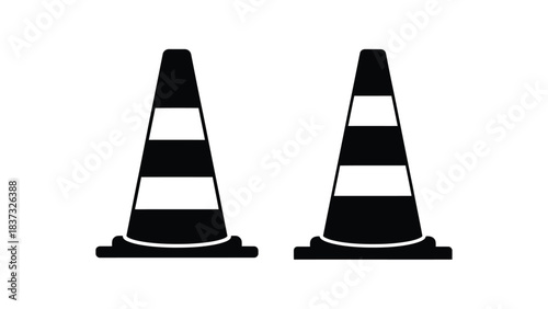 Two black and white striped traffic cones on a white background