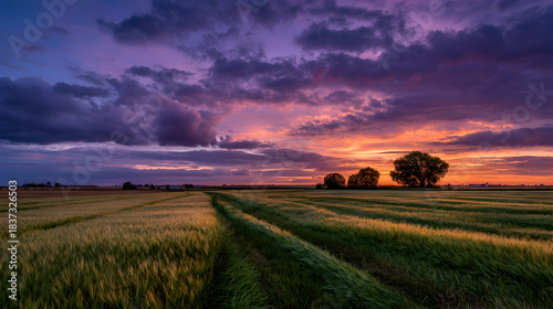 Field under vibrant sunset sky