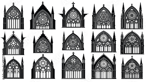 Intricate gothic rose windows and pointed arch designs in black and white
