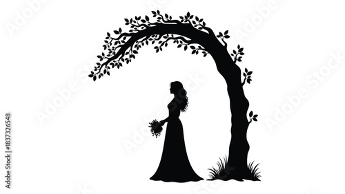 Silhouette of a woman standing beneath a graceful arched tree