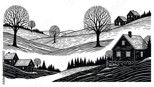A peaceful landscape with houses and trees in a detailed woodcut style