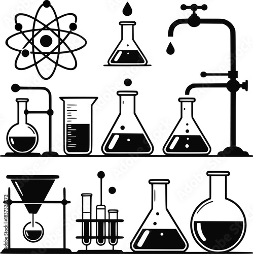 Design for science education websites, stem promotional materials, or lab safety posters: Black vector silhouette set of chemistry laboratory equipment, glassware, atom icon. Transparent EPS version.