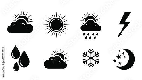 Weather icons displaying sun clouds rain snow lightning and night
