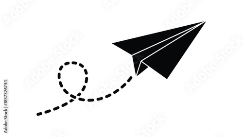 A simple black paper airplane with a dotted line flight path illustration