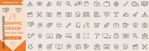 Graphic design web icons set in duotone outline stroke design. Pack pictograms with color palette, content, freelance, print, painting, brainstorm, portfolio, creative idea, tool. Vector illustration.