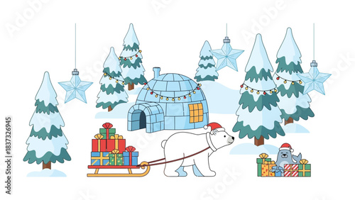 Winter Wonderland's Delight: A Polar bear delivers festive gift with penguin friend at the Igloo. In the snow-covered forest, adorned with twinkling stars and trees.