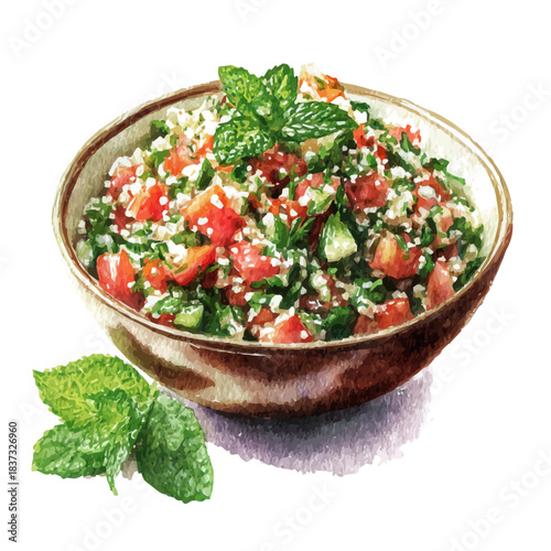 Watercolor painting of Tabbouleh Salad, vector illustration, isolated on white background.
