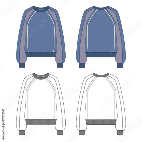 Women’s, Unisex Raglan Sleeve Sweatshirt Technical Flat Sketch with Piping and Front and Back CAD Template ,mockup