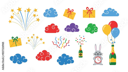 Festive Celebration Elements: A collection of various festive icons for the perfect party experience, including fireworks, clouds, confetti, champagne bottles, balloons, envelopes.