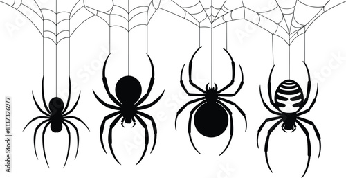 PrintBlack Silhouette Spiders Hanging from Cobwebs, Creepy Halloween Decoration Vector Set, Isolated Arachnid Insect Collection for Spooky Design, Scary Concept Art