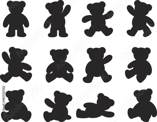 PrintSet of Cute Teddy Bear Silhouettes, Various Poses Vector Collection, Isolated Toy Animal Icons for Kids and Nursery Design, Childhood Fun Graphic