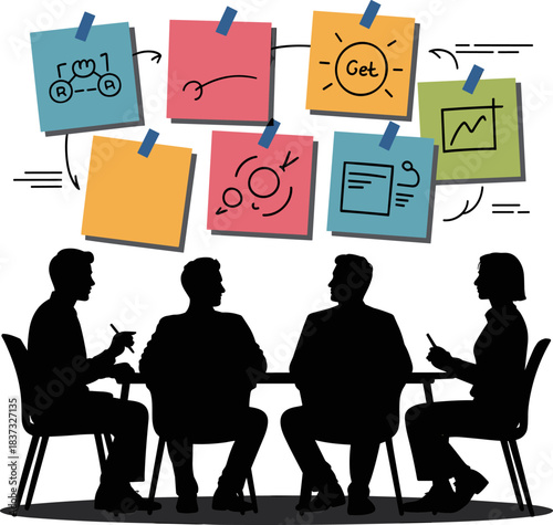 Collaborative Business Strategy Meeting: Vector silhouettes brainstorming project flow using colorful sticky notes, agile development process diagram, and startup planning doodles