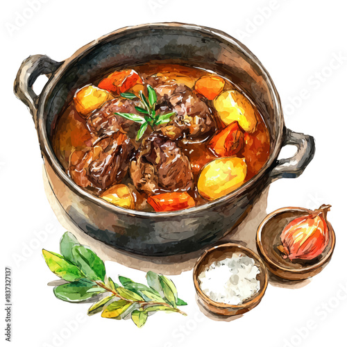 Lamb Stew, watercolor painting, vector illustration, isolated on a white background.