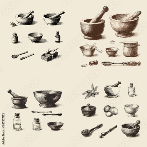 A detailed illustration set of mortar and pestle tools, herbs, jars, spices, and apothecary items in a vintage style, perfect for botanical, culinary, and traditional craft projects.