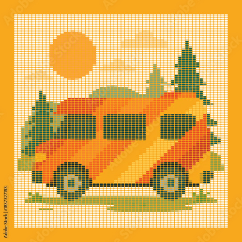 Orange Camper Van Mosaic Pixel Art Vector Illustration Retro RV Camping Nature Scene Halftone Rhinestone Pattern For T-shirt Print Embroidery Cross Stitch Design