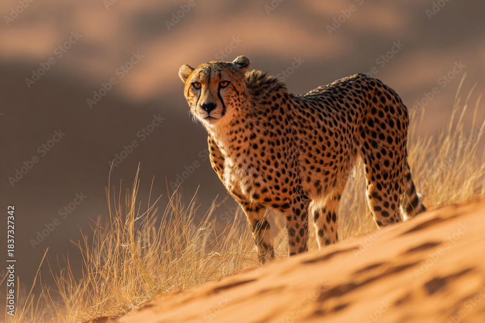 Naklejka premium Graceful cheetah exploring sandy dunes