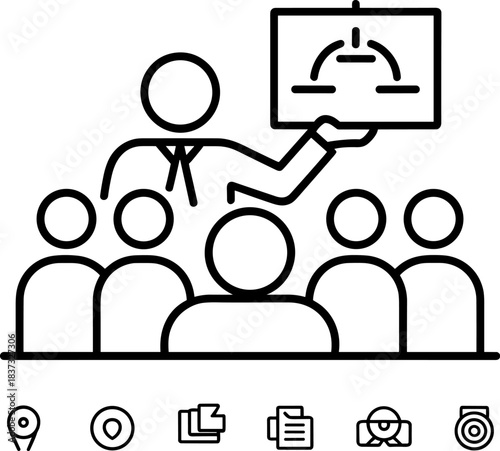 Business Presentation Icon: Corporate Meeting and Training Seminar Vector Illustration - Line art graphic depicting a speaker giving a lecture to an attentive audience using a display chart.