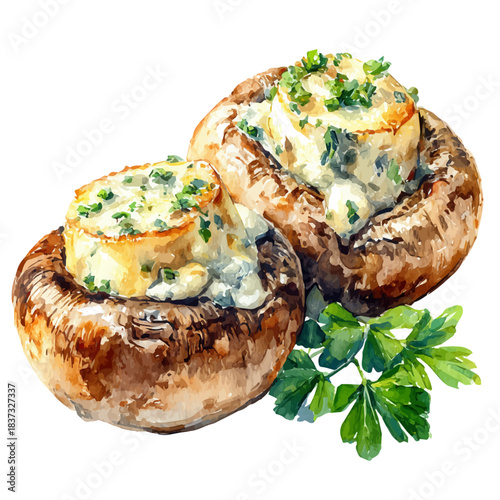 A watercolor painting of Stuffed Mushrooms, vector illustration on white background.