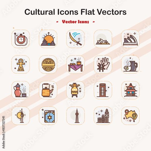 Iconic cultural symbols from around the world are depicted