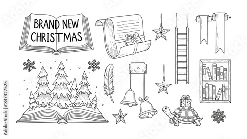 Brand New Christmas Elements: A collection of festive illustrations, with holiday elements such as books, trees, and bells, perfect for designs that evoke the spirit of the season.