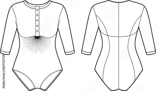 PrintWomen's Henley Bodysuit Fashion Technical Flat Drawing, Vector Sketch for Apparel Design, Long Sleeve CAD Template, Front and Back View.