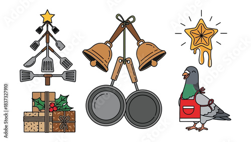 Holiday Kitchen Collage: A whimsical illustration of holiday kitchen-themed icons, featuring a tree crafted from kitchen utensils, bells with pan handles, a star cookie, and a pigeon in an apron.