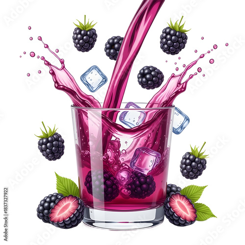 berries and juice falling into glass  isolated on white background PNG file.