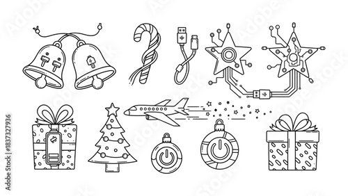 Festive Digital Assemblage: A whimsical blend of Christmas icons, from bells and candy canes to tech-infused ornaments, gifts, and a star, capturing the fusion of tradition and the digital age.