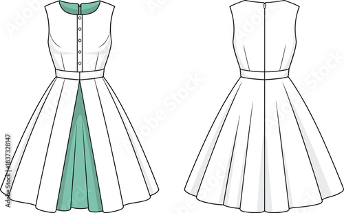 PrintWomen's Vintage 1950s Swing Dress Technical Flat Drawing, Fashion Sketch Template, Sleeveless Buttoned Bodice, Full Pleated Skirt, Vector CAD.