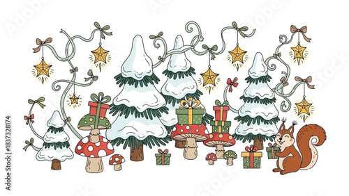 Festive Woodland Wonderland: A whimsical holiday scene, featuring snow-dusted trees adorned with star ornaments, a charming squirrel, and gifts nestled amidst mushroom decor. 