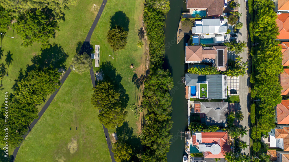 Fototapeta premium Aerial view of houses on water canal