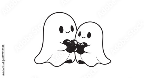 Two friendly cartoon ghosts with mustaches sharing a playful moment.